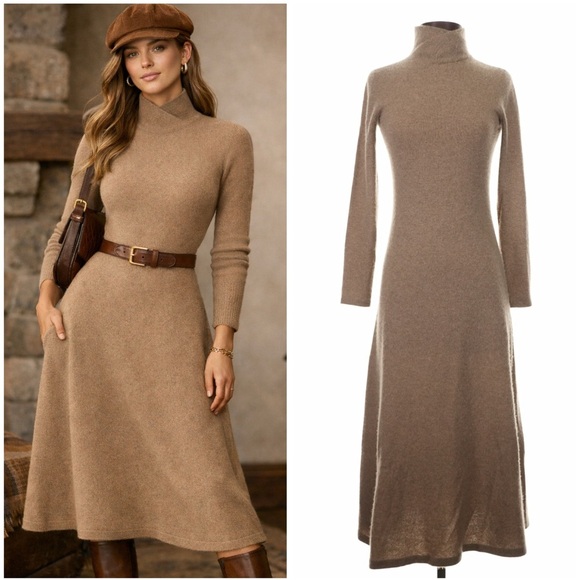 Ralph Lauren Dresses & Skirts - Ralph Lauren 100% Cashmere Turtleneck Sweater Dress Midi Long Sleeve Tan Brown